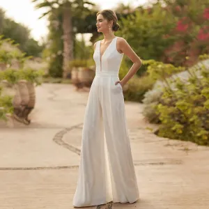 Customized White Two-Piece V Neck Wedding Dress with Half Sleeves 2024 Boho Jumpsuit