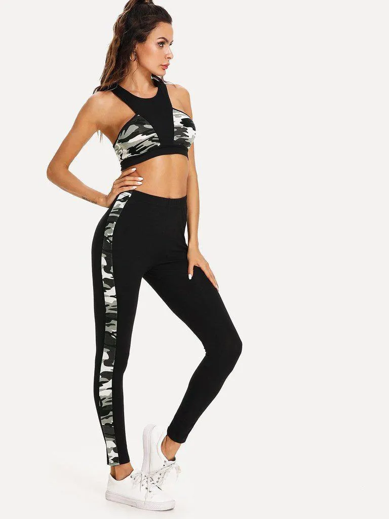 Cut And Sew Camo Print Sport Bra & Leggings Set