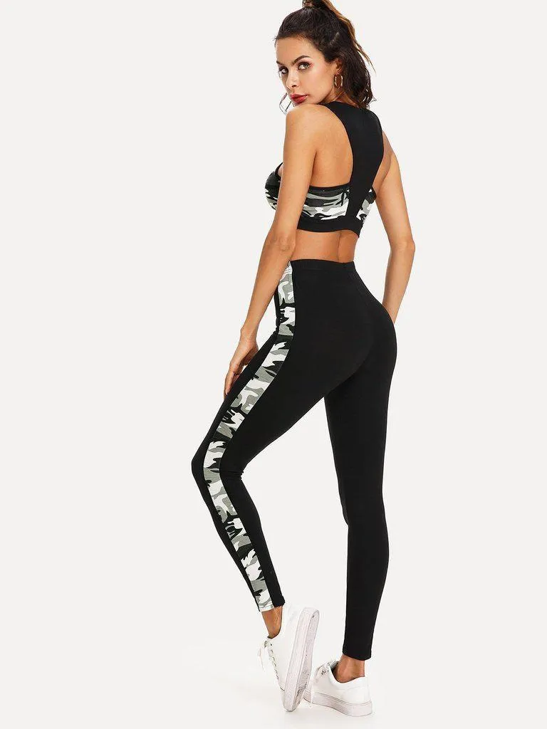 Cut And Sew Camo Print Sport Bra & Leggings Set