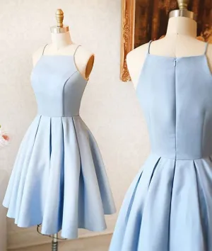 cute a line halter light blue short homecoming prom dress short simple satin baby blue party dress