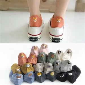 Cute animal cotton low-cut boat socks Ladies embroidery student socks