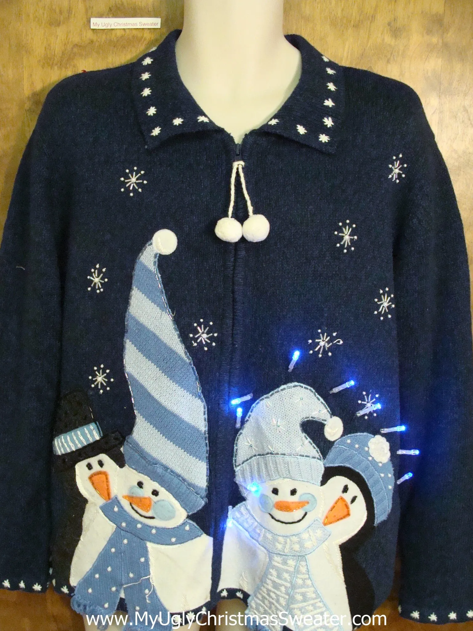 Cute Blue Light Up Ugly Xmas Sweater with Snowmen