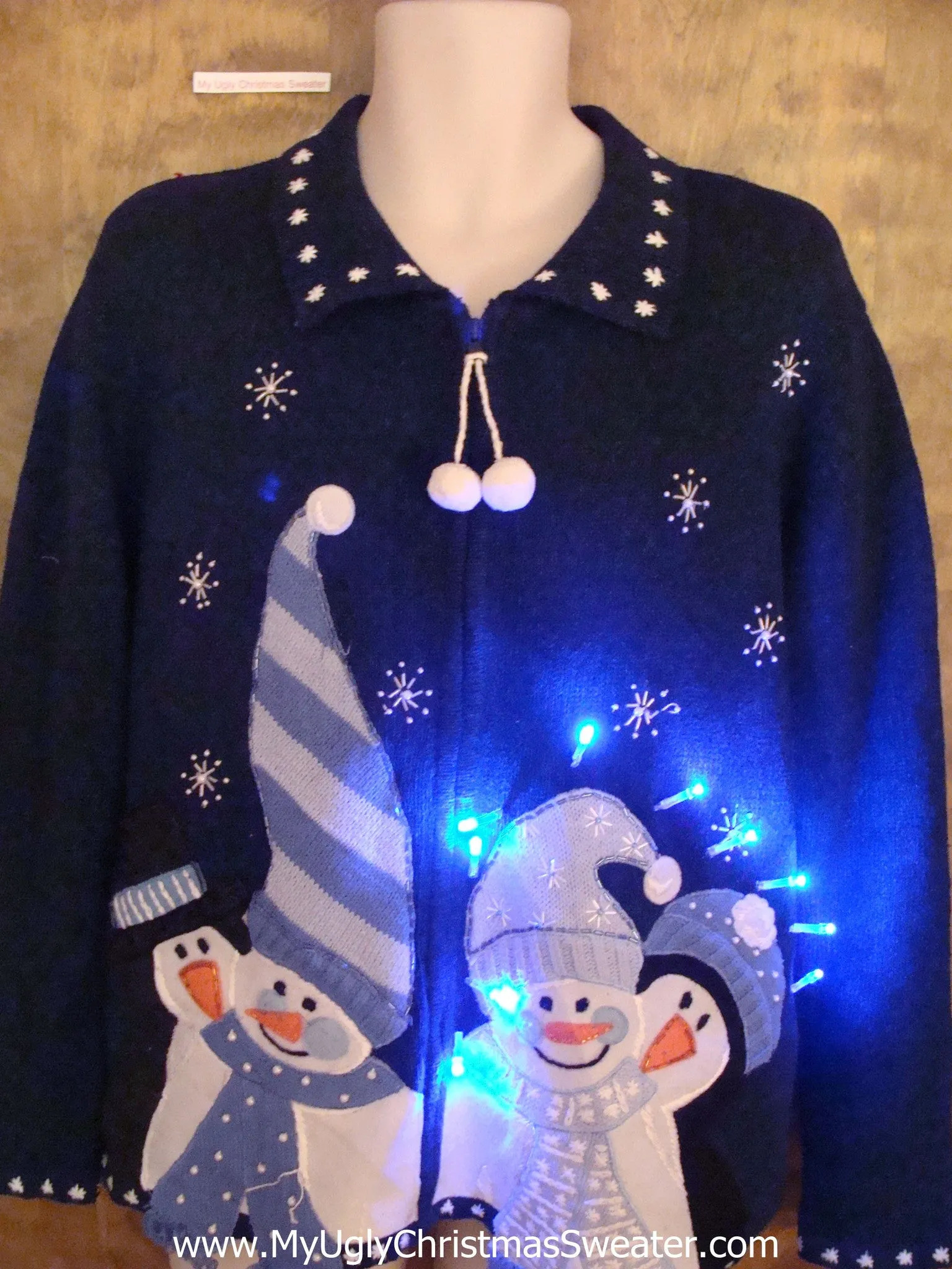 Cute Blue Light Up Ugly Xmas Sweater with Snowmen