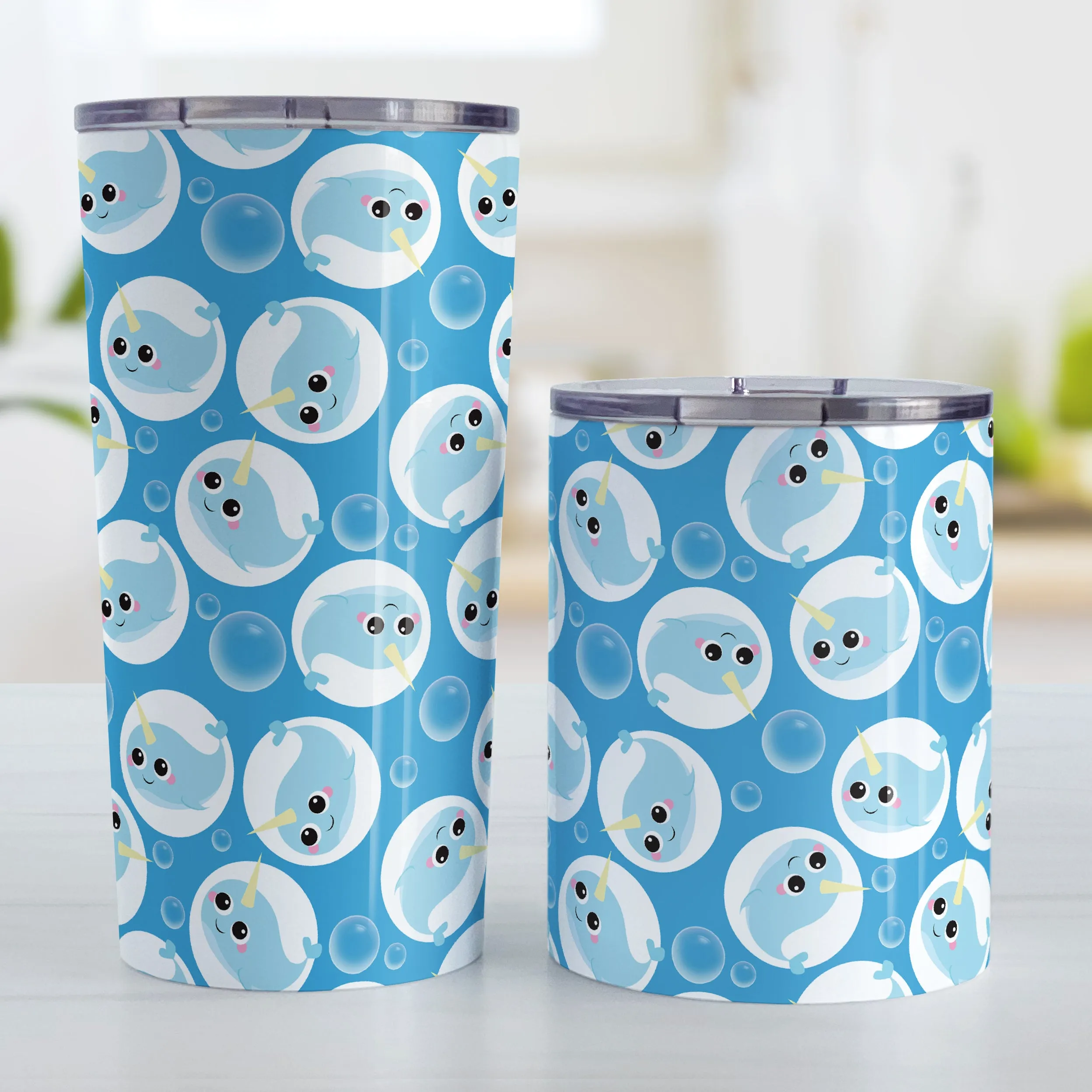 Cute Blue Narwhal Bubble Pattern Tumbler Cup