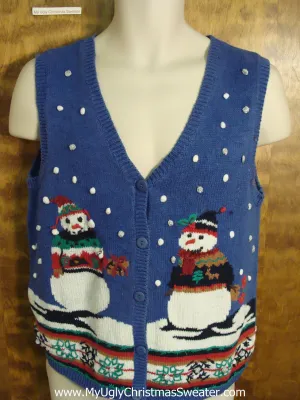 Cute Blue Ugly Christmas Jumper Vest with Snowmen