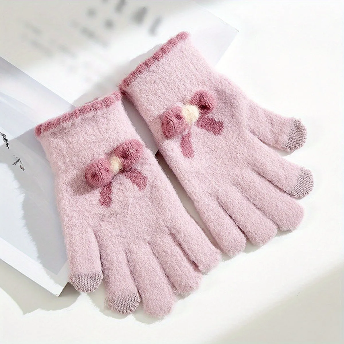 Cute Bowknot Knit Plush Gloves Short Plus Velvet Warm Touch Screen Gloves Women's Autumn Winter Thickening Coldproof Gloves