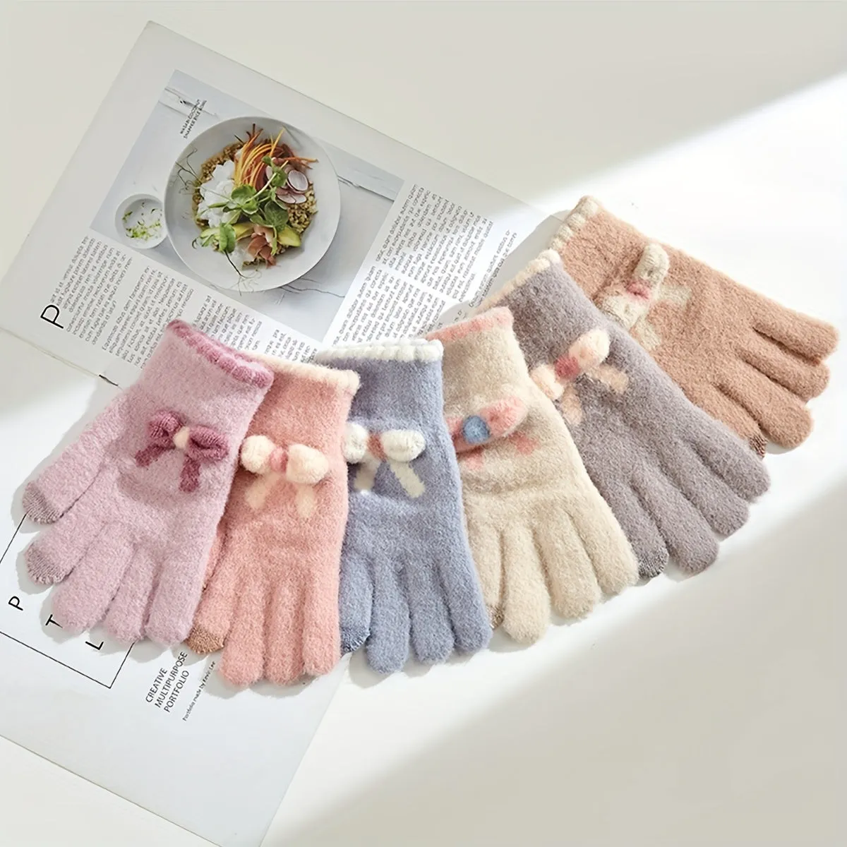 Cute Bowknot Knit Plush Gloves Short Plus Velvet Warm Touch Screen Gloves Women's Autumn Winter Thickening Coldproof Gloves