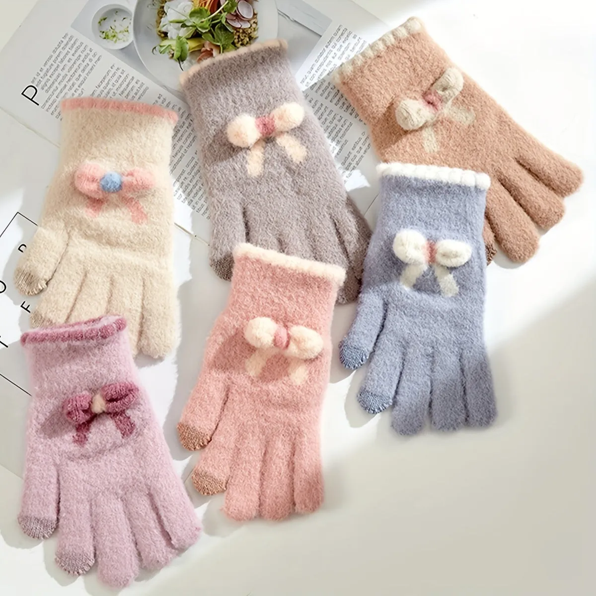 Cute Bowknot Knit Plush Gloves Short Plus Velvet Warm Touch Screen Gloves Women's Autumn Winter Thickening Coldproof Gloves