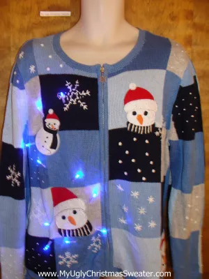 Cute Carrot Nosed Snowmen Christmas Sweater with Lights