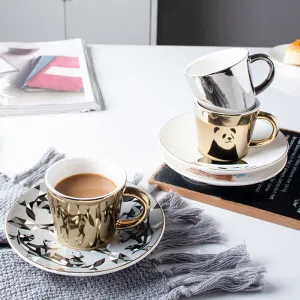 Cute Cartoon Printed Coffee Mugs With Galvanized Finish And Reflective Mirror Cup and Saucer