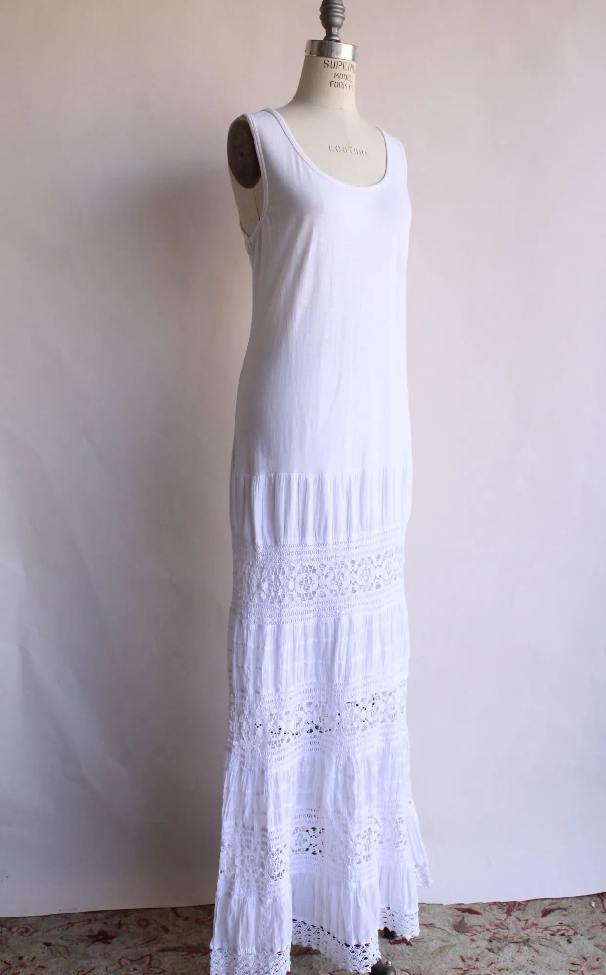 Cute Options Womens Maxi Dress, White Cotton and Lace, Size S/M