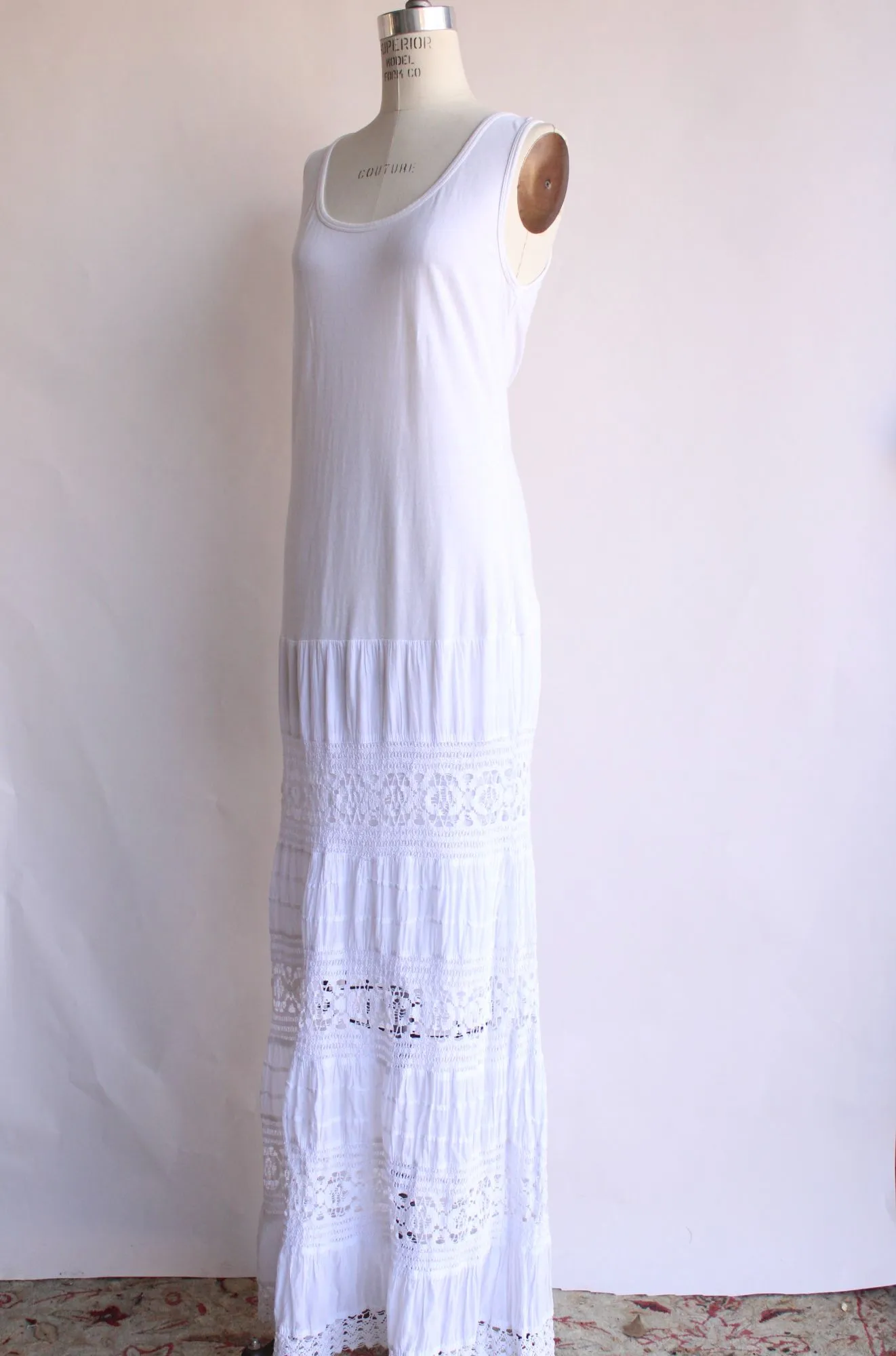 Cute Options Womens Maxi Dress, White Cotton and Lace, Size S/M