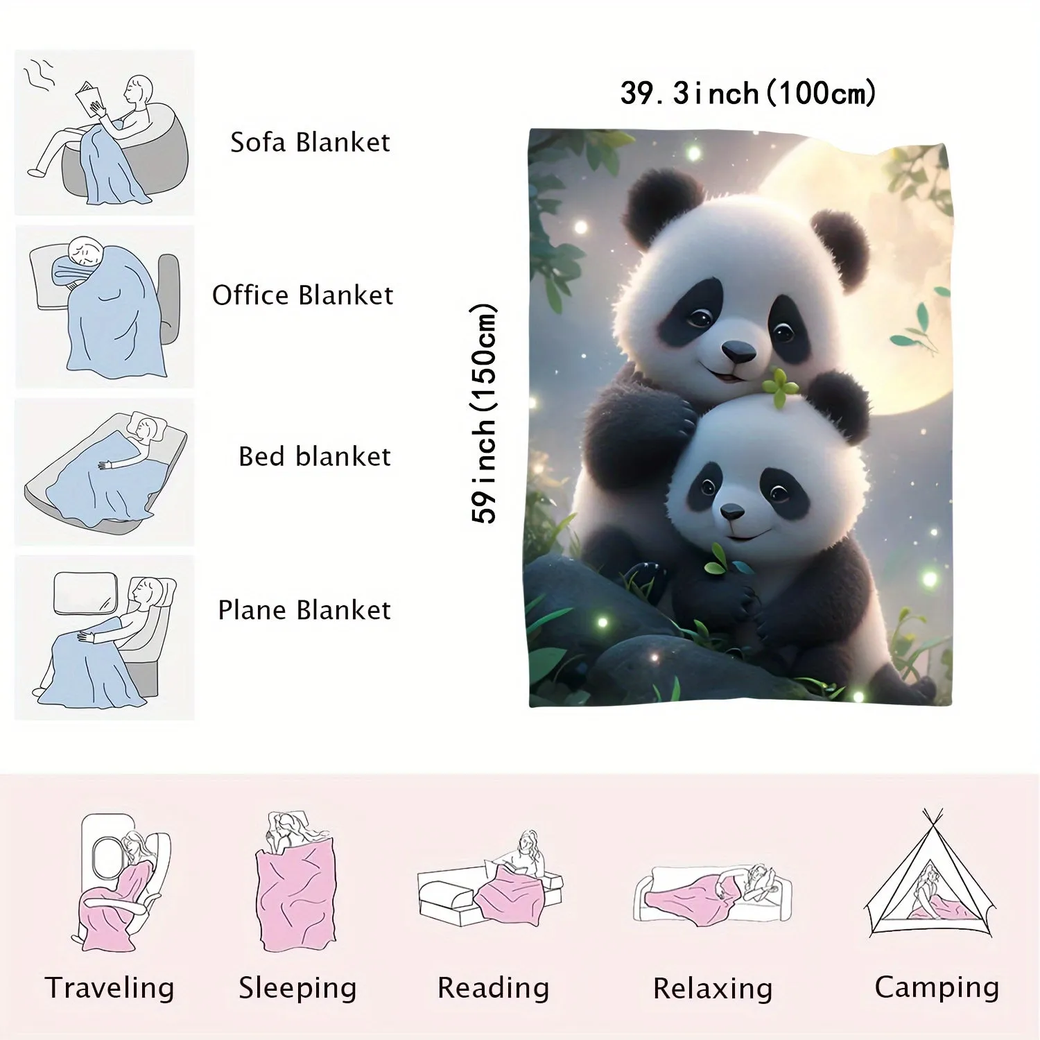 Cute Panda Flannel Blanket Soft Multipurpose Throw for Home  Outdoors