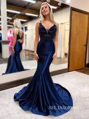 Cute Spaghetti Straps Mermaid Beaded Long Prom Dress Dark Navy Evening Dresses lpk553