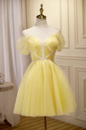 Cute Yellow Spaghetti Straps Off The Shoulder Tulle Short Homecoming Dresses