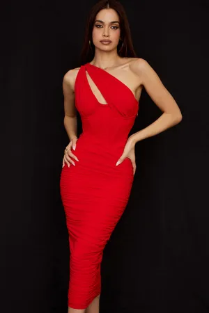 Cutout One Shoulder Ruched Bodycon Mesh Corset Midi Dress - Red