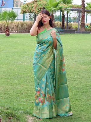 Cyan Blue Saree in Banarasi Silk with Floral Prints