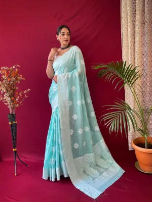 Cyan Blue Saree in Pure Linen Lucknowi