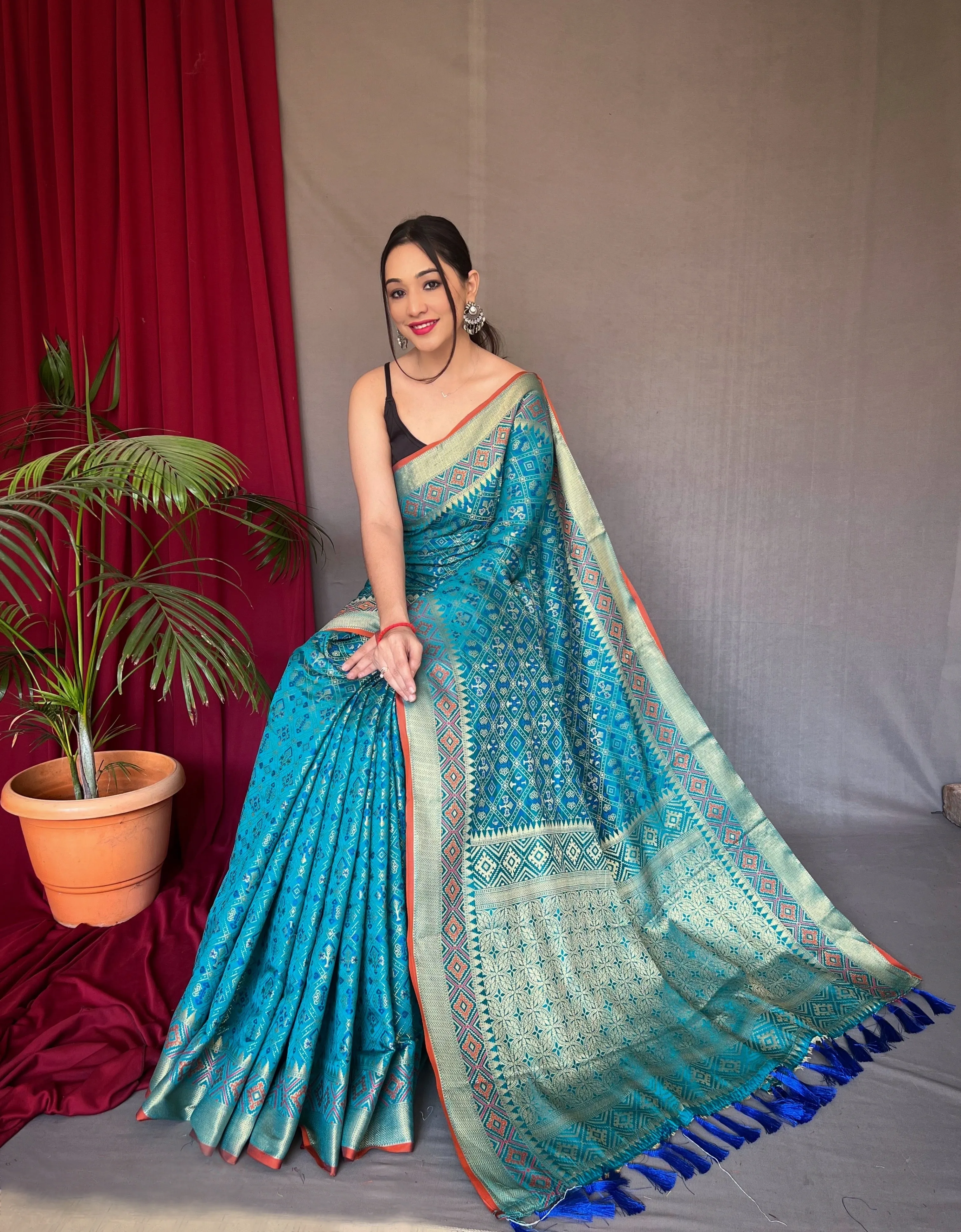 Cyan Blue Saree in Rajkoti Patola Silk for women