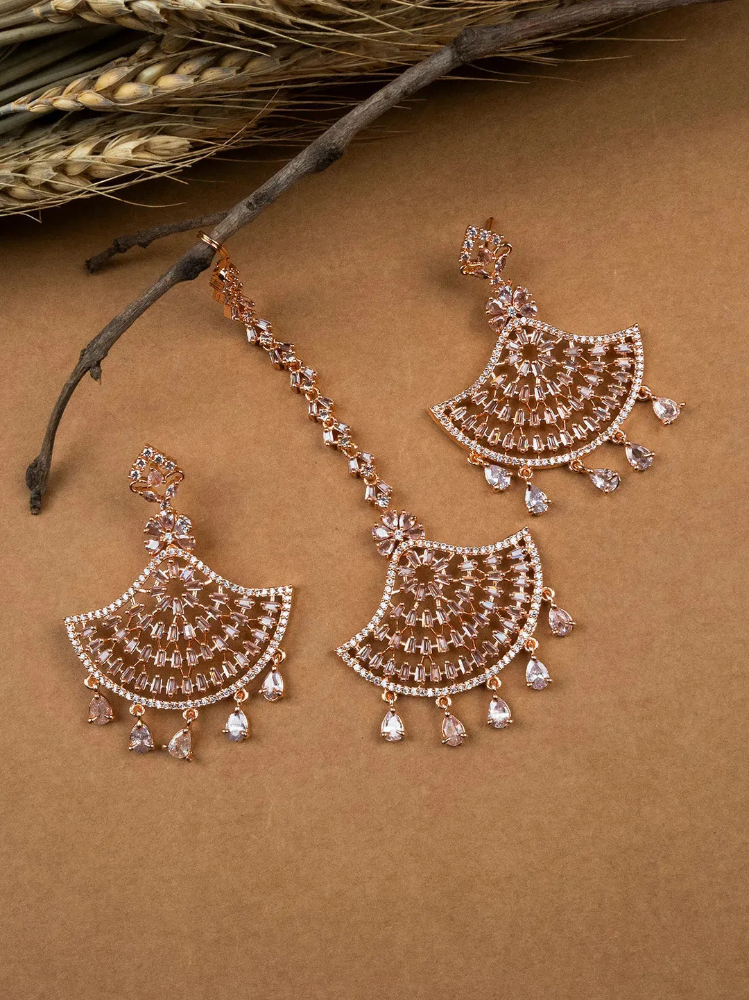 CZ AD Rose Gold Symmetrical Earring-Maangtika Set | Hypoallergenic Jewelry