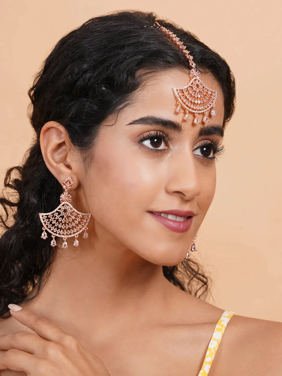 CZ AD Rose Gold Symmetrical Earring-Maangtika Set | Hypoallergenic Jewelry