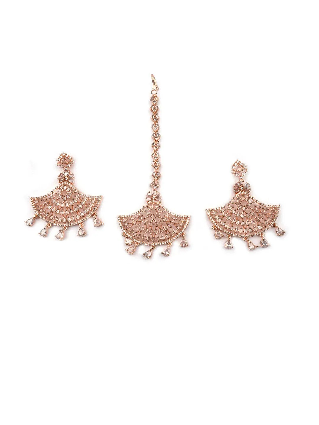 CZ AD Rose Gold Symmetrical Earring-Maangtika Set | Hypoallergenic Jewelry