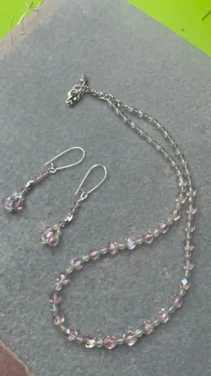 Czech Glass Firepolish Pink and Peridot Crystal Necklace and matching earrings with silver