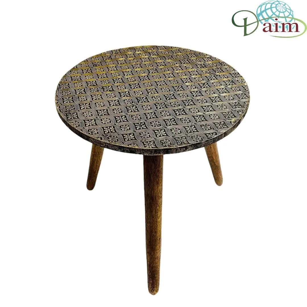 Daim Beautiful Wooden Golden Brass Overlay fold-able Side Table/end Table/Plant Stand/Stool Living Room Kids Play Furniture Table Round Shape