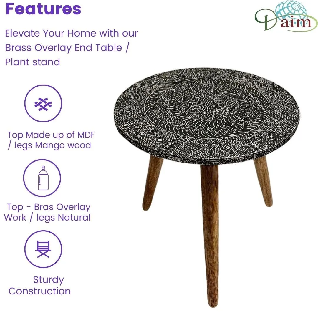 Daim Beautiful Wooden Silver Brass Overlay fold-able Side Table/end Table/Plant Stand/Stool Living Room Kids Play Furniture Table Round Shape