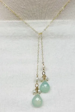 Dainty Chalcedony and Pearl Lariat | Gold-Filled Chain & Soft Green Calcedony | By Pearly Girls