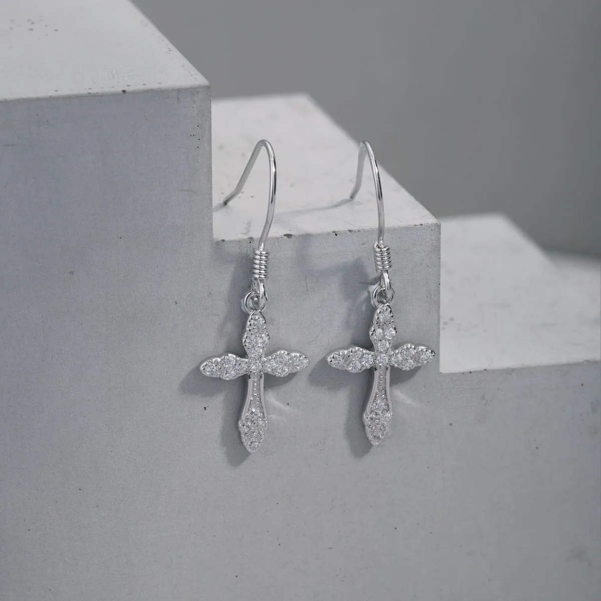 Dainty Crystal Cross Charm Drop Earrings