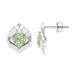 Dainty Green Sapphire and Diamond Petal Stud Earrings