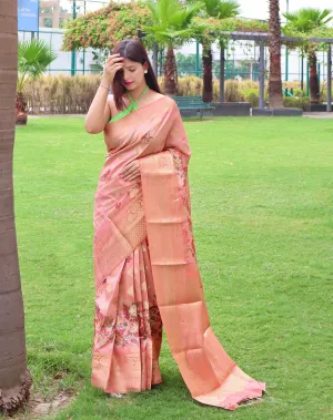 Daisy Pink Saree in Banarasi Silk with Floral Prints