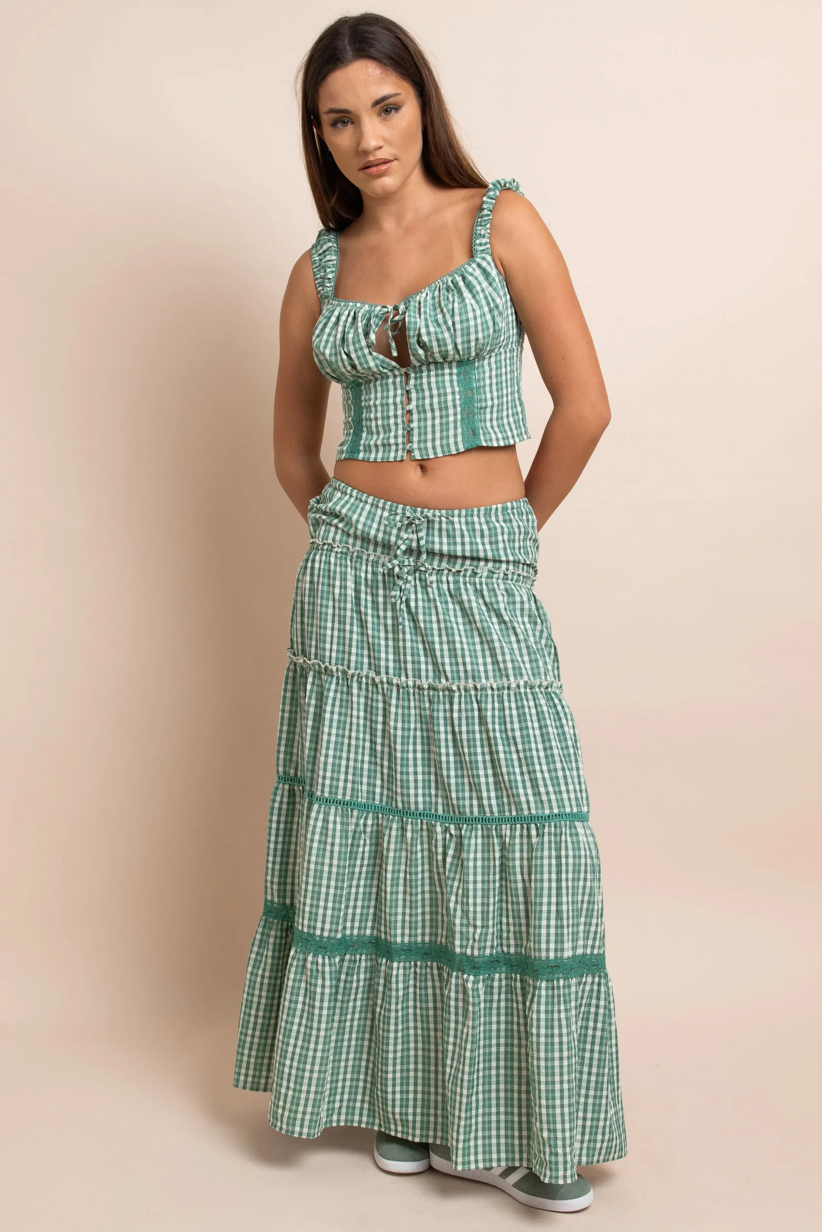 Daisy Street Mid Rise Gingham Tiered Maxi