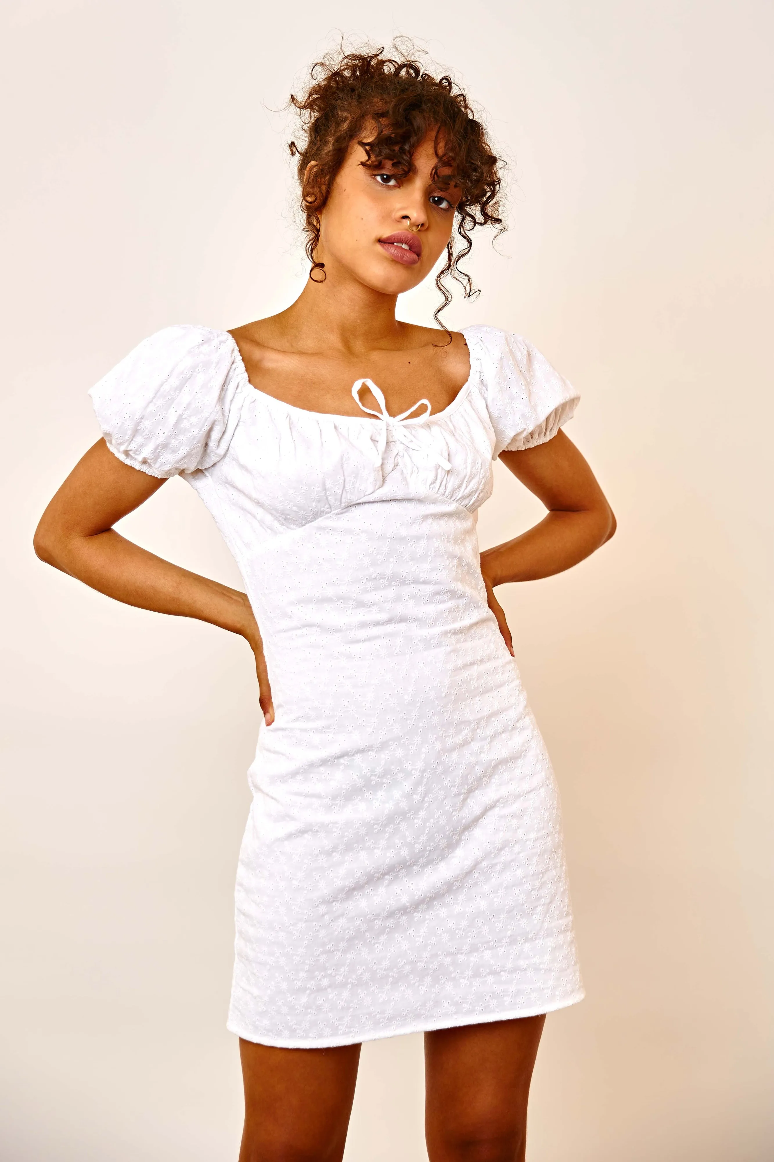 Daisy Street Mini Milkmaid Dress in White Broiderie