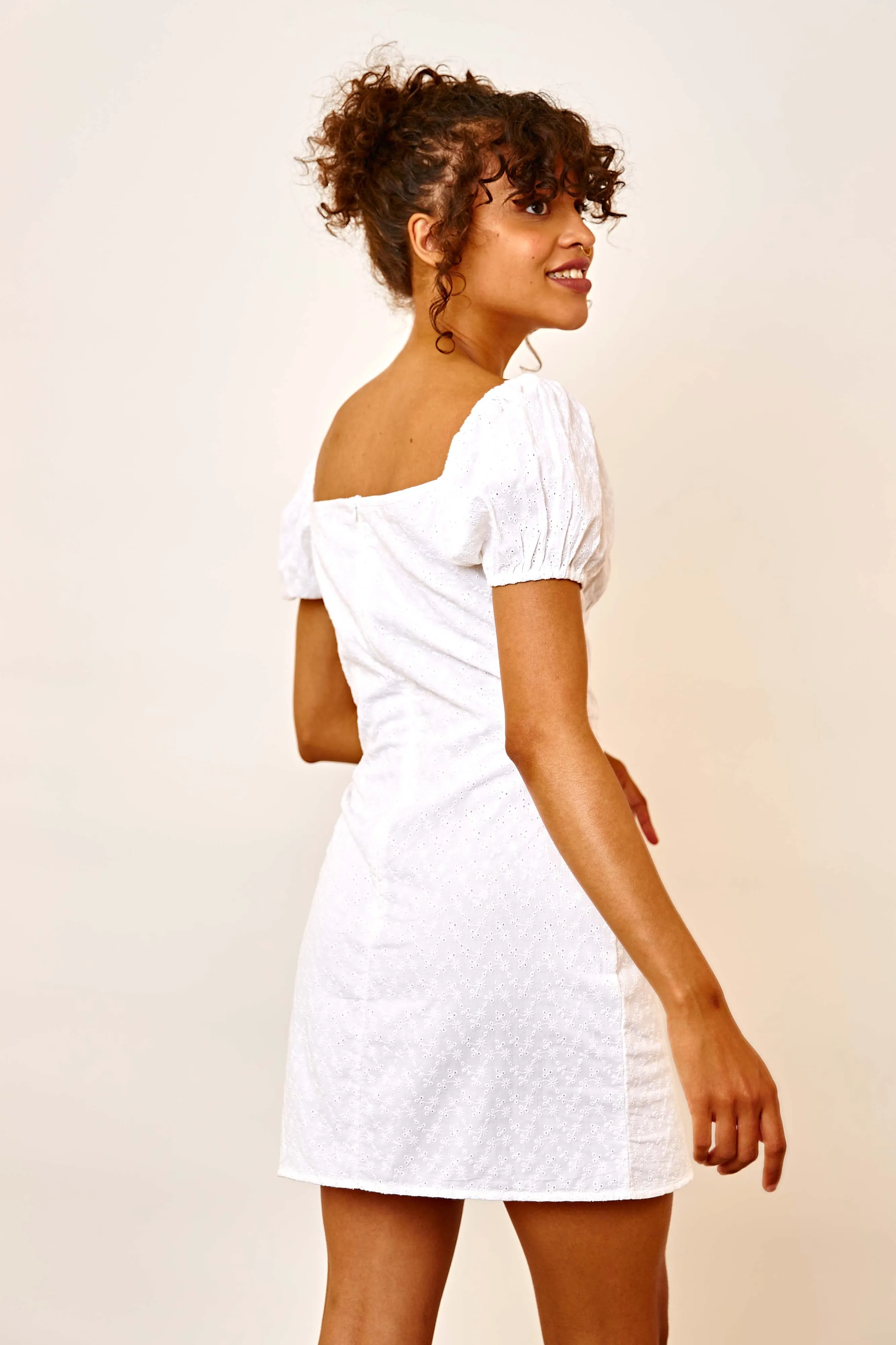 Daisy Street Mini Milkmaid Dress in White Broiderie