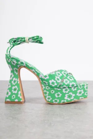 Daisy Street Platform Heeled Sandals in Green Floral Print