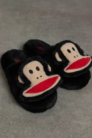 Daisy Street x Paul Frank – Black Fluffy Slippers with 3D Julius Head