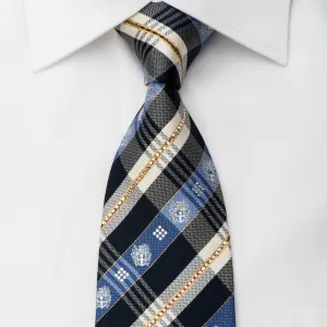 Daks Men's Rhinestone Silk Necktie Blue Ivory Plaids With Gold Sparkles