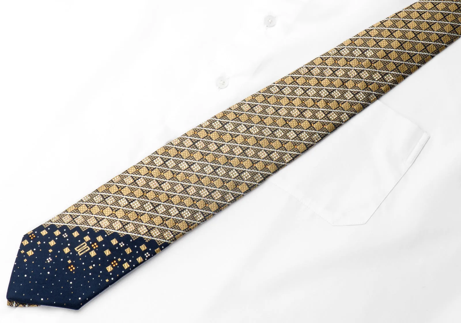 Daks Men's Rhinestone Silk Necktie Golg Checkered On Navy Blue With Silver Sparkles