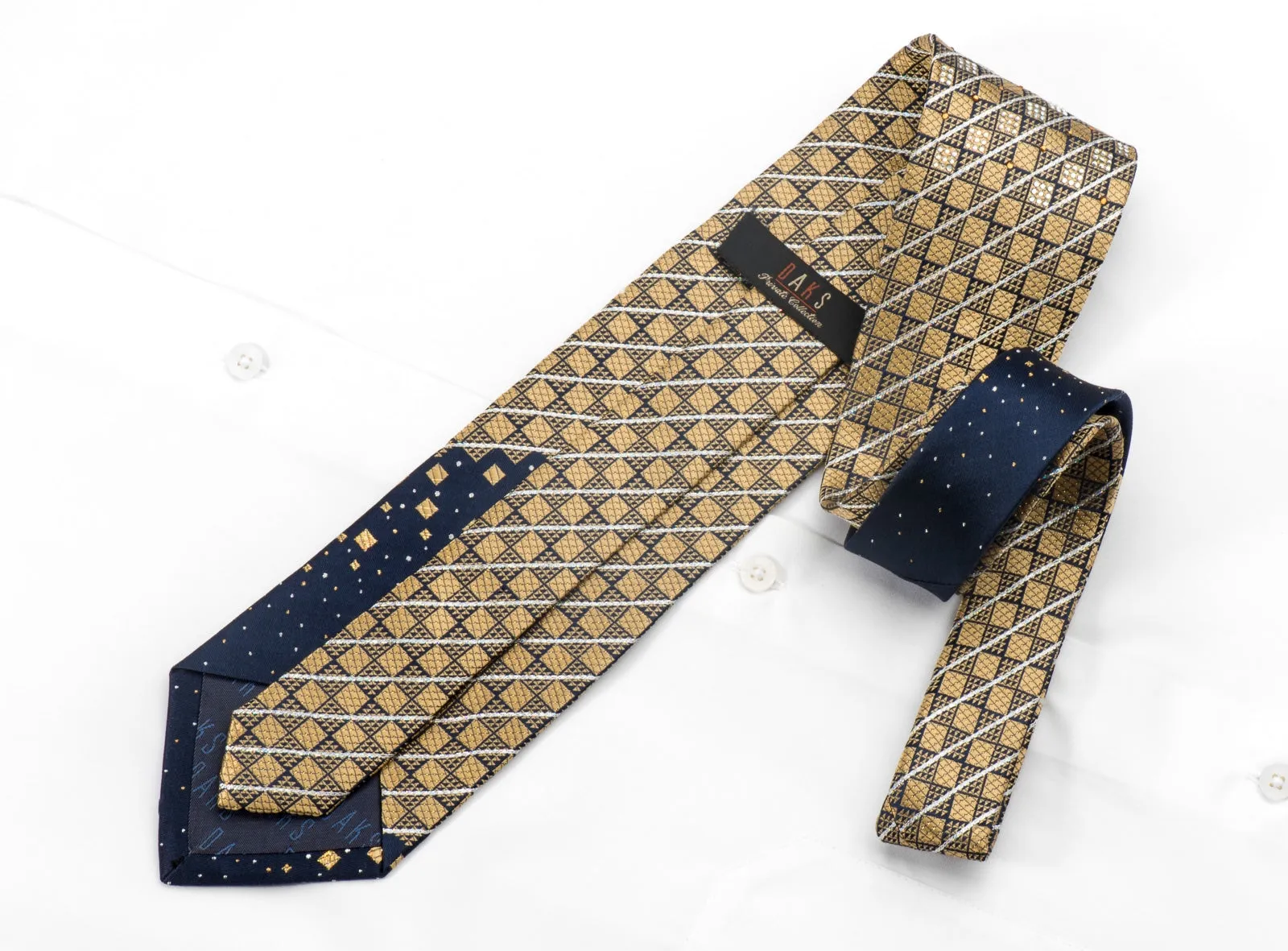 Daks Men's Rhinestone Silk Necktie Golg Checkered On Navy Blue With Silver Sparkles