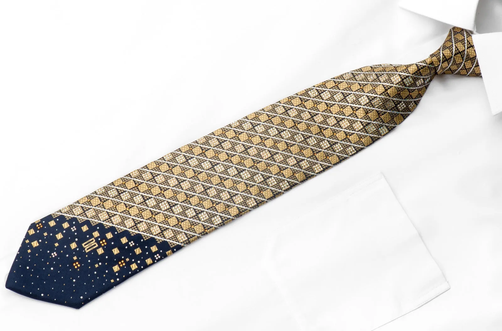 Daks Men's Rhinestone Silk Necktie Golg Checkered On Navy Blue With Silver Sparkles