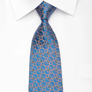 Daks Men's Silk Necktie Orange Interlocking Circles On Blue Sparkling With Rhinestones