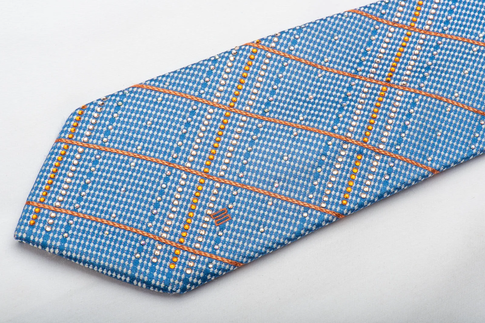 Daks Men's Silk Necktie Orange Silver Striped On Blue Sparkling With Crystal Rhinestones