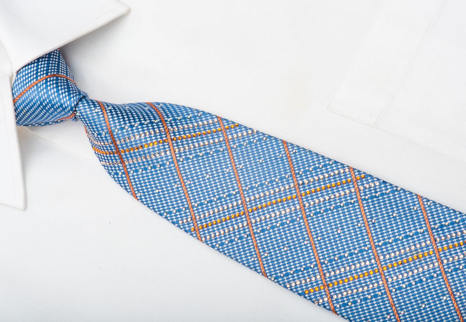 Daks Men's Silk Necktie Orange Silver Striped On Blue Sparkling With Crystal Rhinestones