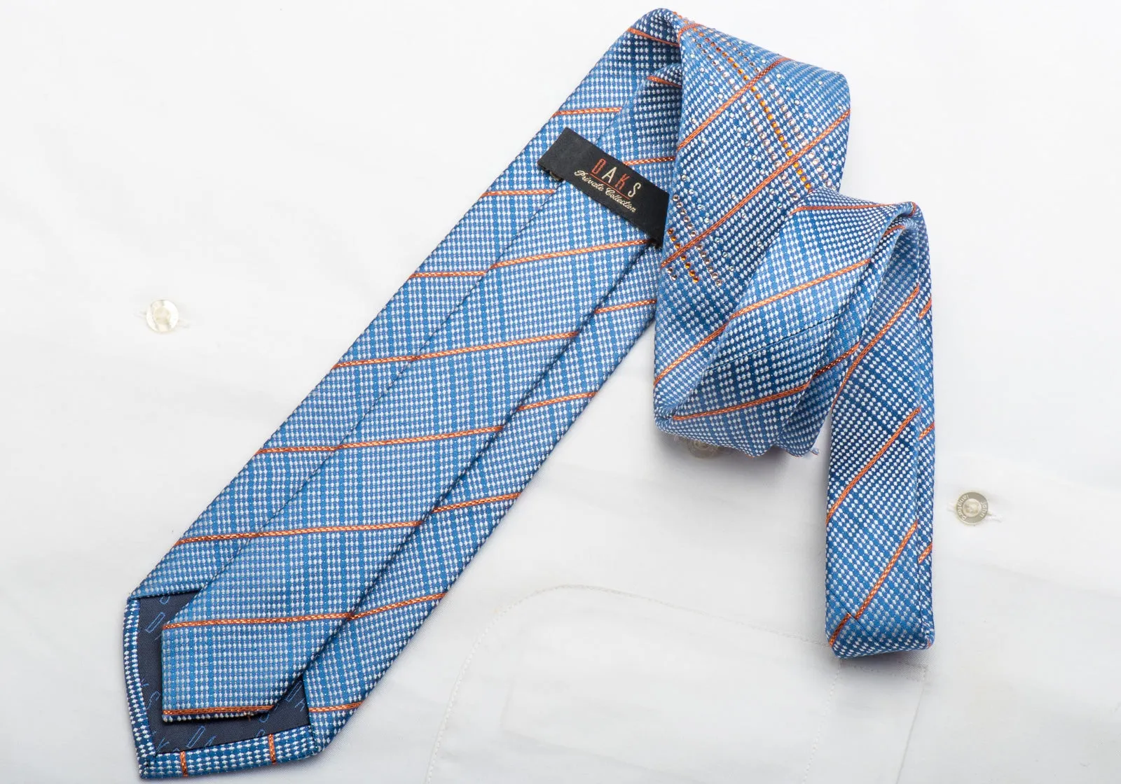 Daks Men's Silk Necktie Orange Silver Striped On Blue Sparkling With Crystal Rhinestones