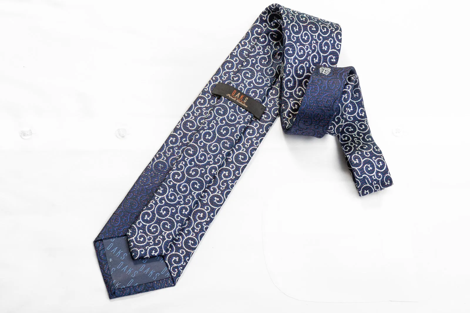 Daks Men's Silk Rhinestone Tie Silver Scrolls On Navy With Sparkles