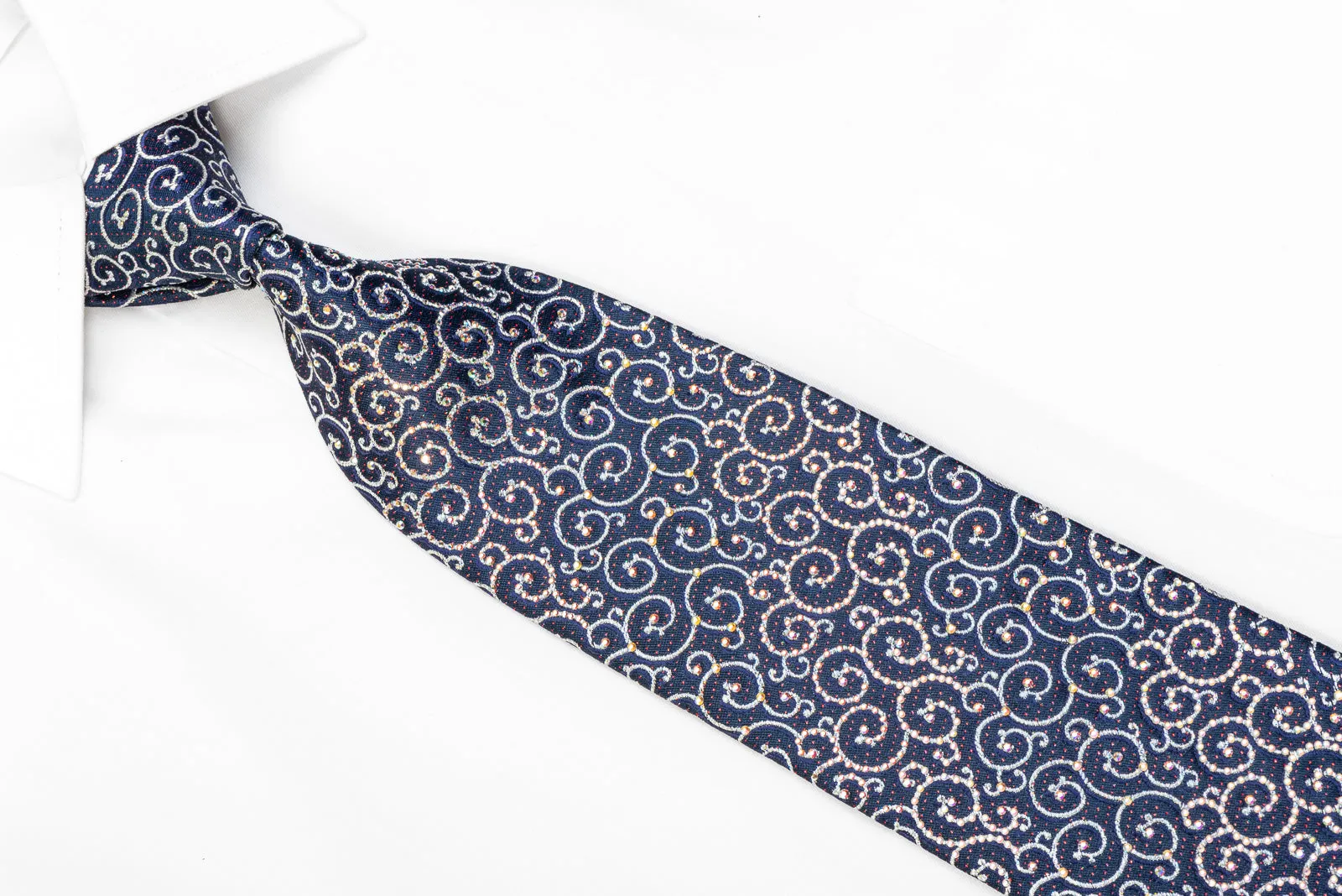 Daks Men's Silk Rhinestone Tie Silver Scrolls On Navy With Sparkles