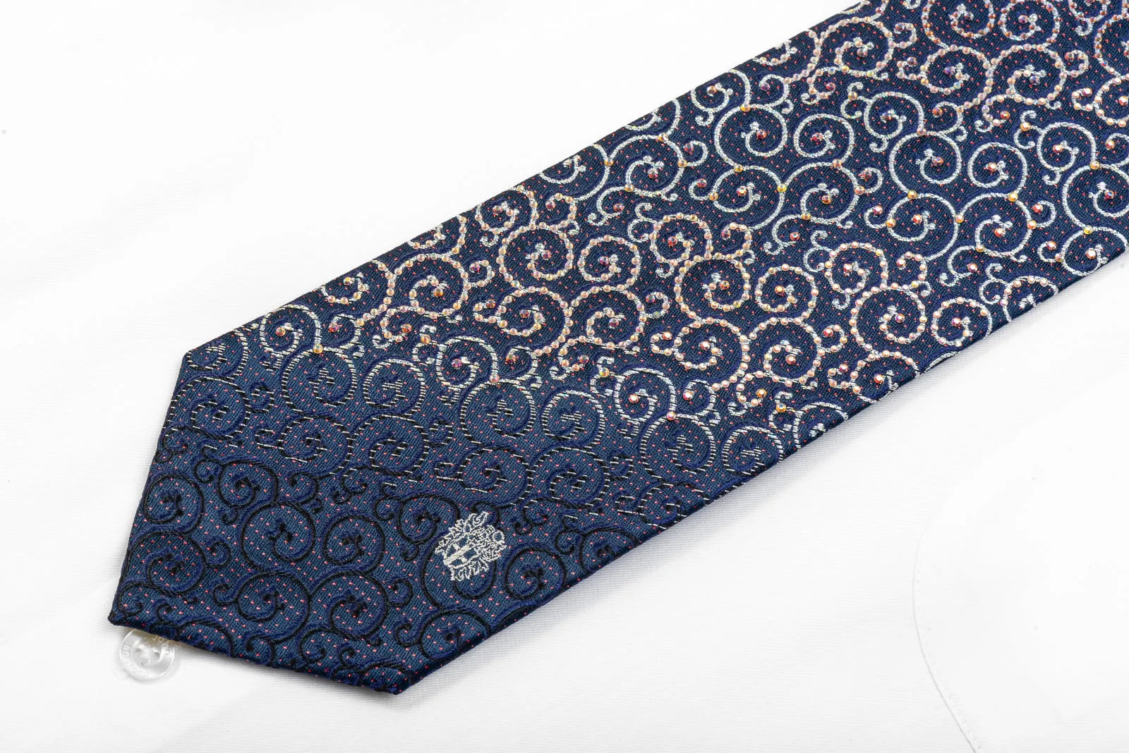 Daks Men's Silk Rhinestone Tie Silver Scrolls On Navy With Sparkles