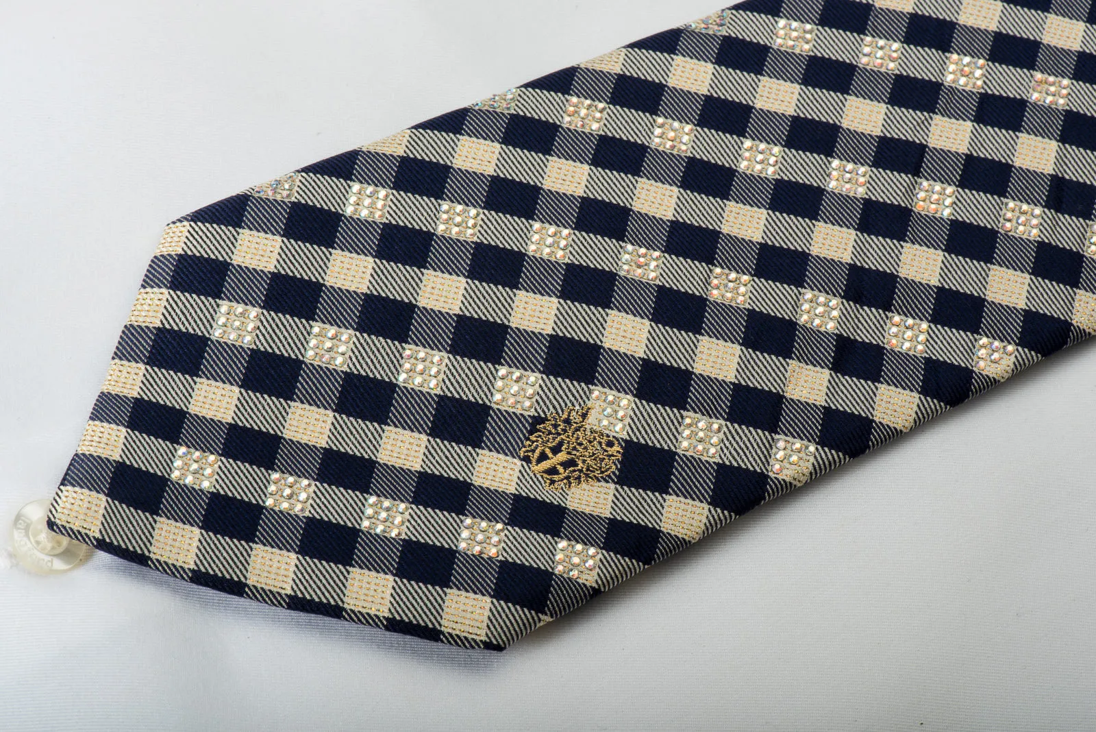 Daks Rhinestone Silk Necktie Blue Cream Plaids With Silver Sparkles